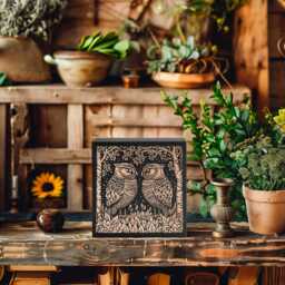 Great Horned Owl Couple Engraved Birch Wood Panel - Block Print Style Woodland Wall Art, Forest Cabin Nature Decor, Farmhouse Gift - thumbnail 1