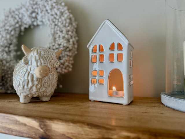 White Ceramic House Tealight Holder - Wax Lantern Decor Cosy Winter Home Accessories - image 1