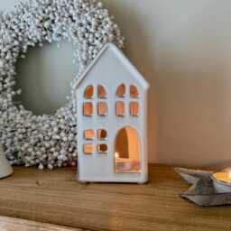 White Ceramic House Tealight Holder - Wax Lantern Decor Cosy Winter Home Accessories - thumbnail 2