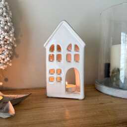 White Ceramic House Tealight Holder - Wax Lantern Decor Cosy Winter Home Accessories - thumbnail 3