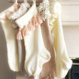 Bohemian Peach Tassel Christmas Stocking, Handmade Neutral Holiday Decor For Eclectic Homes