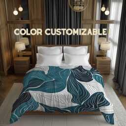 Modern Abstract Leaf Comforter Teal Blue Organic Pattern Botanical Bedding, Coastal Bedroom D??cor, Color Customizable #268