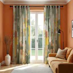 Abstract Green Yellow Curtains, Modern Brushstroke Pattern Drapes, Contemporary Living Room Window Panels, Made To Measure
