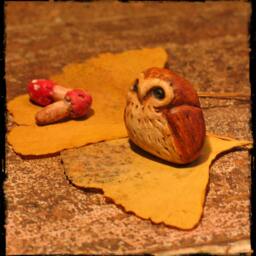 Faery Owl & Mushroom Miniatures Painted Clay - thumbnail 2