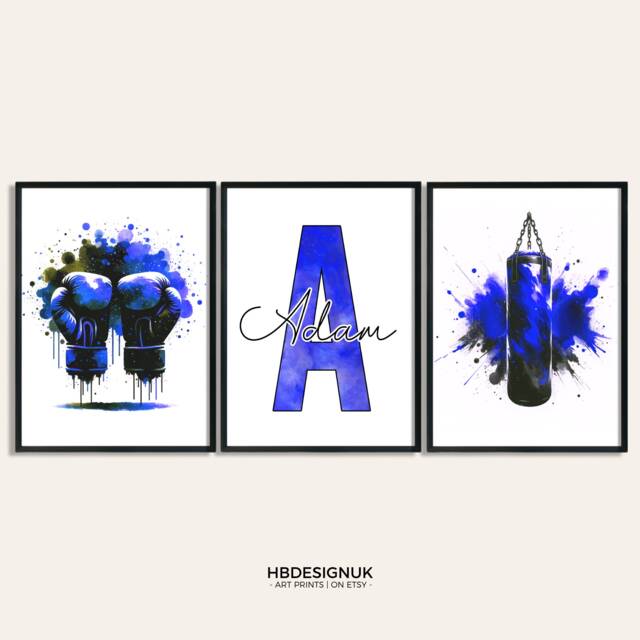 Custom Boxing Wall Art - Set Of 3 Dark Blue Prints - Boys Girls Bedroom Decor Personalised Poster Home Room Posters Print - image 1