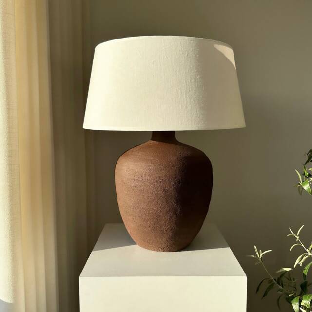 Earthy Brown Terra Cotta Ceramic Table Lamp - Unglazed Natural Textured Handmade Lighting For Living Room, Bedroom Or Entryway - image 1