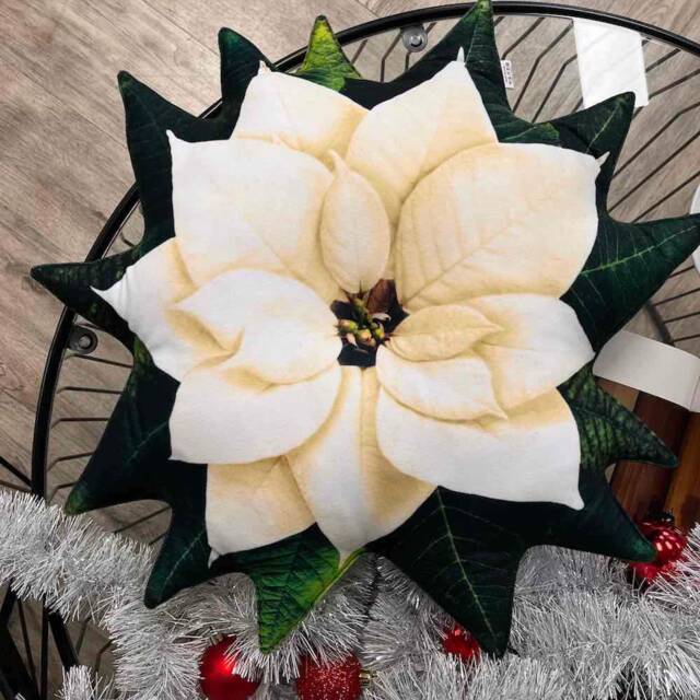 Ivory Poinsettia Pillow 3D Printed Christmas Decor, Plant Lover Gift - image 1