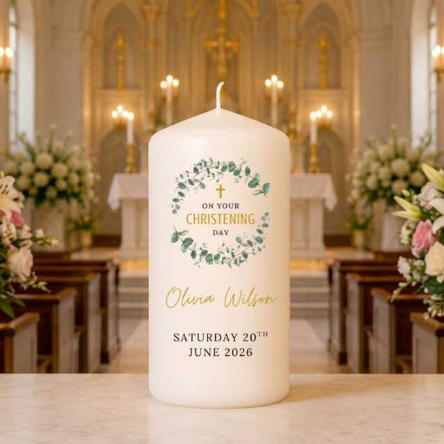 Personalised Christening Candle - On Your Day Greenery Baptism Custom Baby Name Keepsake Gift - image 1