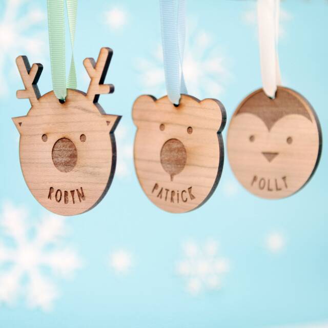 Personalised Animal Tree Decorations - Personalized Wooden Christmas Baubles Childrens Gift Ideas Reindeer Bear Penguin Festive - image 1