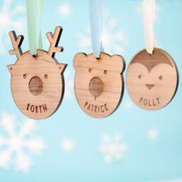 Personalised Animal Tree Decorations - Personalized Wooden Christmas Baubles Childrens Gift Ideas Reindeer Bear Penguin Festive