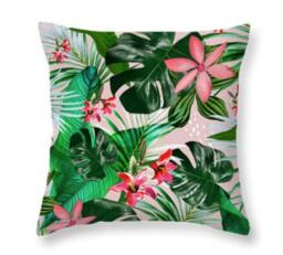 Swaying Palm Banana Pillow, Tropical Cushion, Beach Decor, Greens & Pinks, Tropical, Bahama, Hawaii, Cotton, 16x16, 18x18, 20x20In