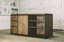 Industrial Oak Sideboard, Modern Wood Console Table With Shelves, Rustic Metal Storage Cabinet