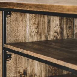Industrial Mini Kitchen Cabinet, Oak & Walnut Wood, Black Metal - thumbnail 2