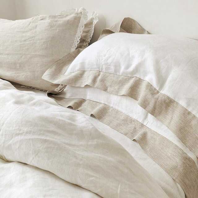 Soft Linen Duvet Cover Set 3-Piece With Flanged Pillowcases - Cream White Bedding Beige Trim - image 1