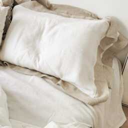 Soft Linen Duvet Cover Set 3-Piece With Flanged Pillowcases - Cream White Bedding Beige Trim - thumbnail 3