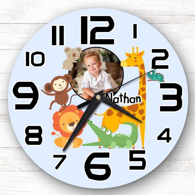 Safari Jungle Animals Photo Personalised Gift For Kid's Bedroom Clock - Kids Clock, Children's , Custom Wall - image 1