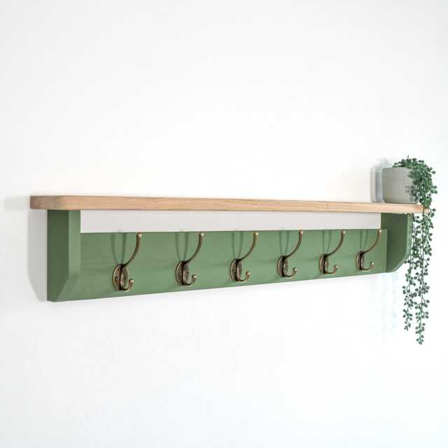 Oak Shelf With Green Coat Rack - 10cm Deep, Shelf Hooks, Black, Silver, Bronze, Copper, Chrome, Brass Painted in F&b No.34 - image 1
