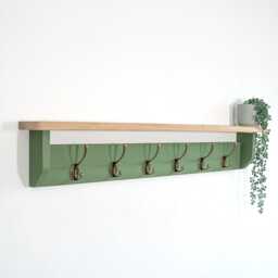 Oak Shelf With Green Coat Rack - 10cm Deep, Shelf Hooks, Black, Silver, Bronze, Copper, Chrome, Brass Painted in F&b No.34 - thumbnail 1