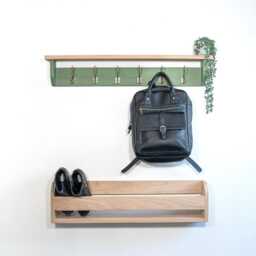 Oak Shelf With Green Coat Rack - 10cm Deep, Shelf Hooks, Black, Silver, Bronze, Copper, Chrome, Brass Painted in F&b No.34 - thumbnail 2