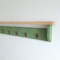 Oak Shelf With Green Coat Rack - 10cm Deep, Shelf Hooks, Black, Silver, Bronze, Copper, Chrome, Brass Painted in F&b No.34 - thumbnail 4