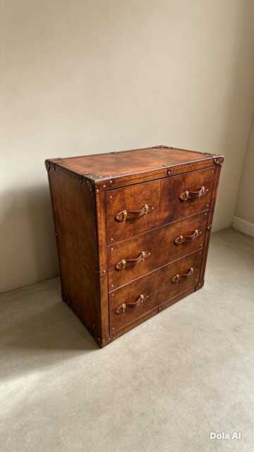 Tan Leather Drawer Dresser Handmade Furniture Bedroom Storage Rustic Chest Drawers Custom Wood Cabinet - image 1