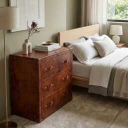 Tan Leather Drawer Dresser Handmade Furniture Bedroom Storage Rustic Chest Drawers Custom Wood Cabinet - thumbnail 2