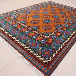 3x5 Ft Orange Afghan Bukhara Rug, High Pile Plush Wool Hand Knotted Tribal Turkmen Rug Oriental Area Rug, For Living Room, Bedroom - thumbnail 2