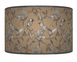 Garden Birds Lampshade - Brown Beige & Grey Drum Pendant Light Handmade Nature-Inspired Ceiling Shade For Modern Country Decor