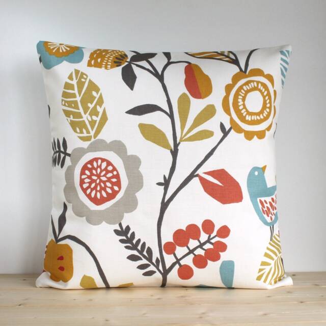 Scandinavian Folk Cushion Cover, Orange Birds & Flowers, Nordic Pillow, Handmade UK - image 1