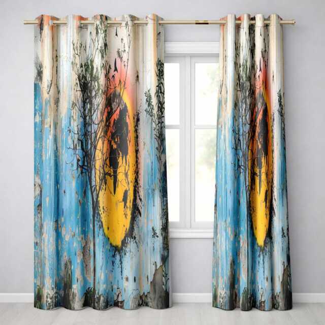 Sunset Globe With Tree & Birds Abstract Stylish Creative Artwork For Home Decor Readymade Eyelet Ring Top Thermal 100% Blackout Curtains - image 1