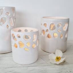 Handmade Large Ceramic Candle Lantern Hand Carved White Holder Luminary Cozy Decor Wedding Table Centerpiece Gift Anniversary - thumbnail 2