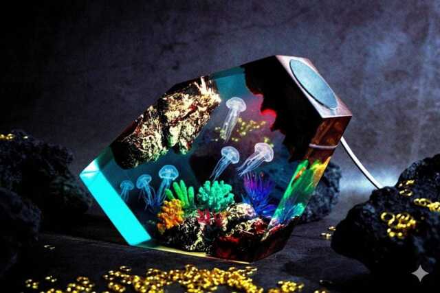 Jellyfish & Coral Epoxy Resin Night Light, Mexican Salamander Resin Art Lamp, Deep Ocean Jelly Fish Light - image 1