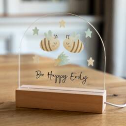 Personalised Bee Night Light Beech Wood Base, Kids Nursery Decor - Uv599 - thumbnail 1