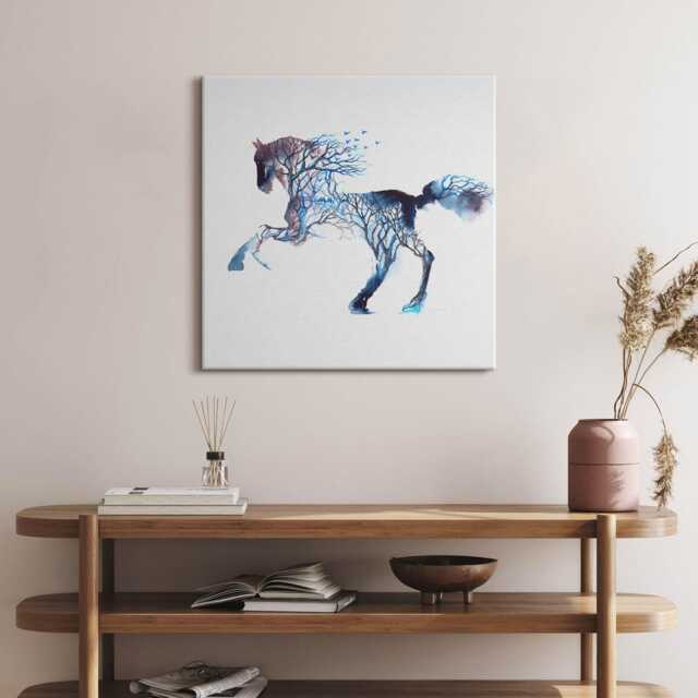 Animal Nature - Painted Horse & Trees Canvas, Picture Wall Hanging, Blue Decor, Abstraction Canvas Print - image 1