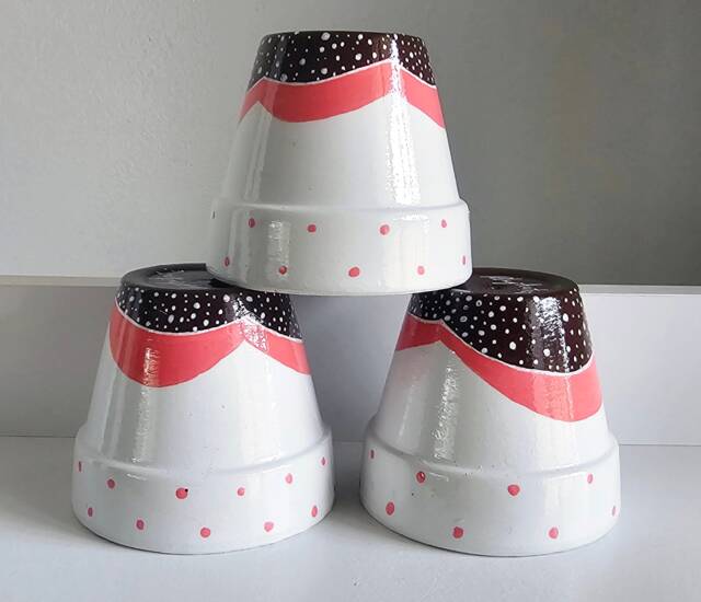 Hand Painted Pot Set, Pink & Brown White Trio, Waterproofed, Plant Set Of 3, Succulent Planters, Cute Design Pots, Spotty Pots - image 1