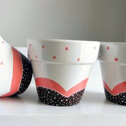 Hand Painted Pot Set, Pink & Brown White Trio, Waterproofed, Plant Set Of 3, Succulent Planters, Cute Design Pots, Spotty Pots - thumbnail 4