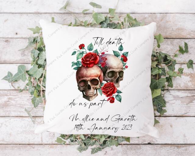 Personalised Wedding Pillow, Gift, His & Her Skulls, Newlyweds Gift, Anniversary Gift For Wedding, Bride Groom Skulls - image 1