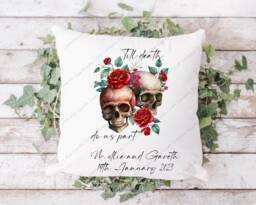 Personalised Wedding Pillow, Gift, His & Her Skulls, Newlyweds Gift, Anniversary Gift For Wedding, Bride Groom Skulls - thumbnail 1