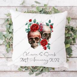 Personalised Wedding Pillow, Gift, His & Her Skulls, Newlyweds Gift, Anniversary Gift For Wedding, Bride Groom Skulls - thumbnail 2