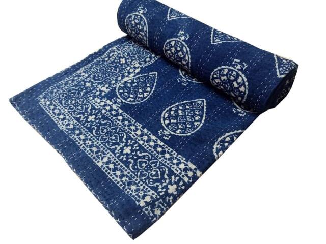 Indigo Blue Indian Handmade Kantha Bedspread Throw Coverlet Perfect Bed Matching Quilt Size-Multi - image 1