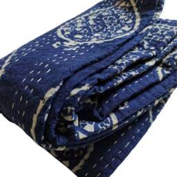 Indigo Blue Indian Handmade Kantha Bedspread Throw Coverlet Perfect Bed Matching Quilt Size-Multi - thumbnail 3