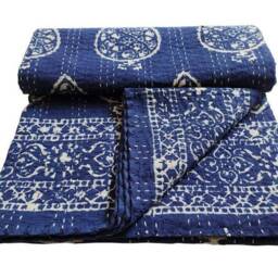 Indigo Blue Indian Handmade Kantha Bedspread Throw Coverlet Perfect Bed Matching Quilt Size-Multi - thumbnail 4