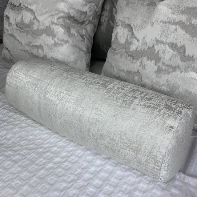 "Amelie Cushion 100% Duck Feather White & Silver Shimmer Bolster 16"" X 6" - image 1