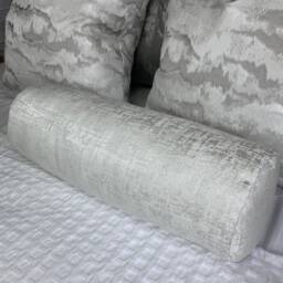 "Amelie Cushion 100% Duck Feather White & Silver Shimmer Bolster 16"" X 6" - thumbnail 1