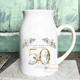 Personalised Anniversary Gift 25 50 30 40 60 Silver Golden Floral Ceramic Small Vase Jug Mug - thumbnail 1