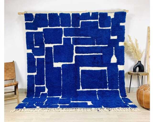 Blue White Abstract Moroccan Rug, Berber Shag Living Room Area Carpet - image 1