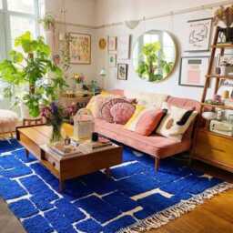 Blue White Abstract Moroccan Rug, Berber Shag Living Room Area Carpet - thumbnail 3