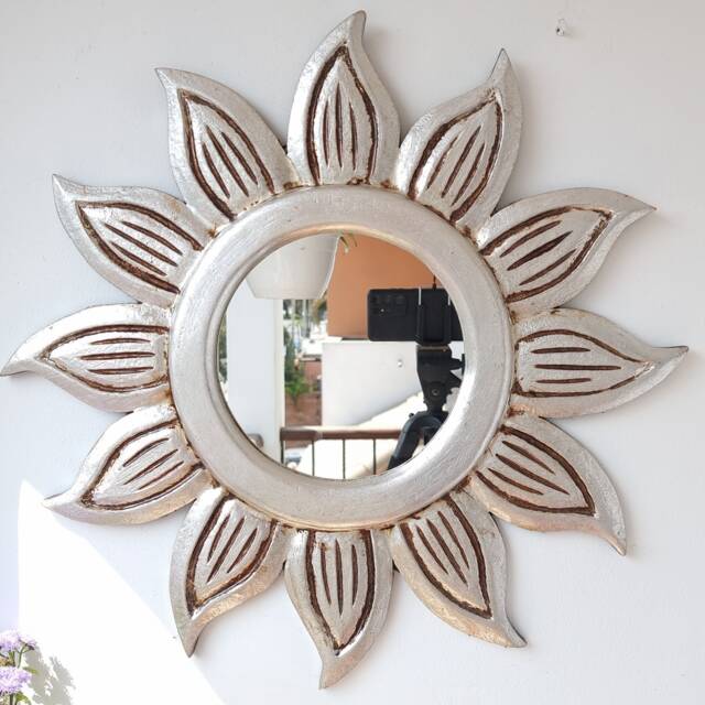 Peruvian Silver Floral Sun Mirror 50 cm Handmade Wall Decor - Carved Wood Round Artistic Statement For Living Room Bathroom - image 1