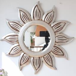Peruvian Silver Floral Sun Mirror 50 cm Handmade Wall Decor - Carved Wood Round Artistic Statement For Living Room Bathroom