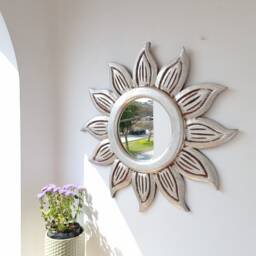 Peruvian Silver Floral Sun Mirror 50 cm Handmade Wall Decor - Carved Wood Round Artistic Statement For Living Room Bathroom - thumbnail 3